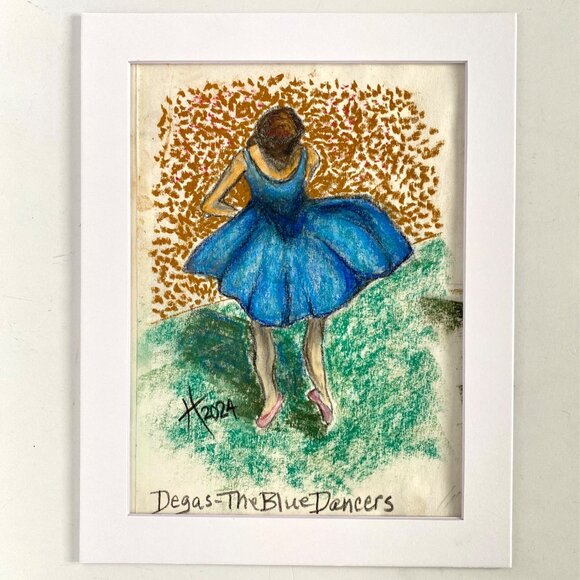 Blue Ballerina Original Handmade Soft Pastel Painting 11x14in Matted Frame Ready - Picture 3 of 9